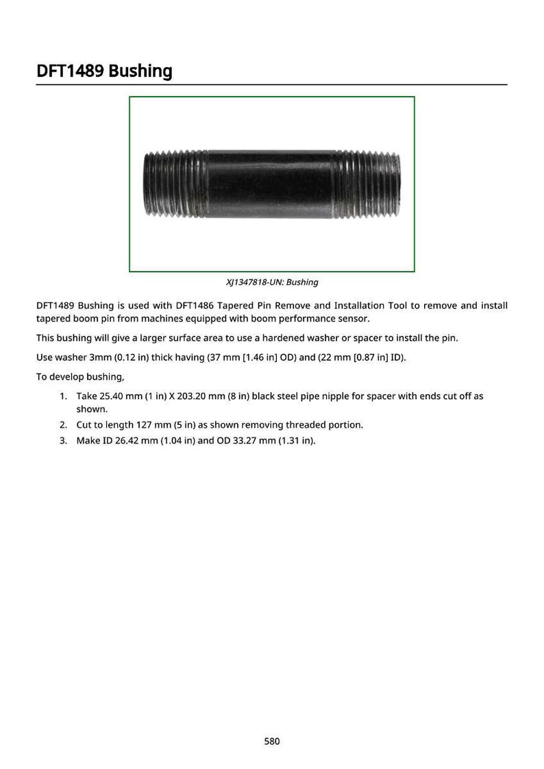 May include: A black steel bushing with external threads. The image includes the text "DFT1489 Bushing" and specifications for its use, including measurements in inches and millimeters.