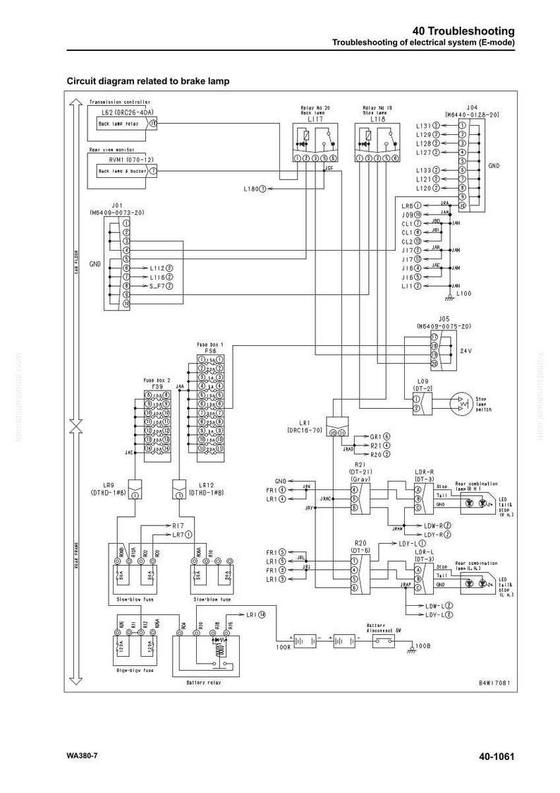 May include: A detailed circuit diagram related to a brake lamp, with labels and connectors. The diagram includes relays, fuses, and various electrical components, with text that reads "40 Troubleshooting" and "Troubleshooting of electrical system (E-mode)."