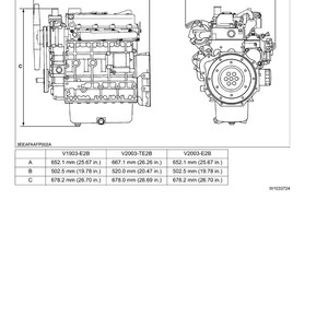 K&ouml;nnte beinhalten: Diagramm eines Motors mit den Ma&szlig;en A, B und C. Der Motor wird aus zwei Perspektiven gezeigt. Die Ma&szlig;e sind in Millimetern und Zoll angegeben. Das Dokument enth&auml;lt den Text "03-E2B SERIES, WSM" und "DIMENSIONS".