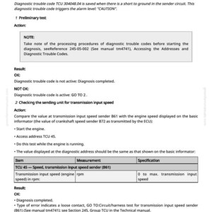 May include: A page from a technical manual detailing diagnostic procedures for a transmission input speed sender. The text includes instructions, results, and specifications for troubleshooting. The document is white with black text.