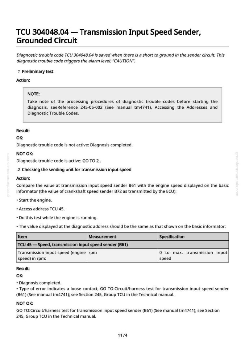 May include: A page from a technical manual detailing diagnostic procedures for a transmission input speed sender. The text includes instructions, results, and specifications for troubleshooting. The document is white with black text.