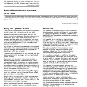 May include: A page from a John Deere product manual, featuring the title "Introduction" at the top. The text includes information on machine use, safety, and required emission-related information. The manual is printed on white paper with black text.