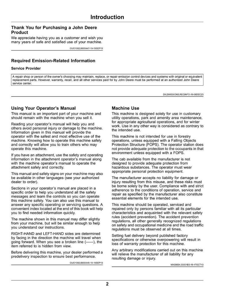 May include: A page from a John Deere product manual, featuring the title "Introduction" at the top. The text includes information on machine use, safety, and required emission-related information. The manual is printed on white paper with black text.