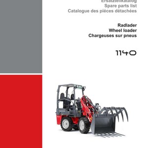May include: A red and gray Weidemann wheel loader, model 1140, with a large bucket and grapple attachment. The image is from a parts catalog, with text in English, German, and French.
