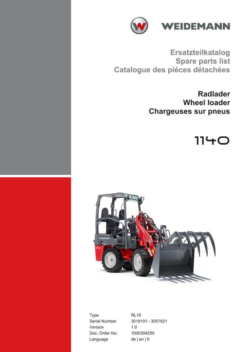 May include: A red and gray Weidemann wheel loader, model 1140, with a large bucket and grapple attachment. The image is from a parts catalog, with text in English, German, and French.