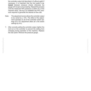 Pode incluir: P&aacute;gina de um manual t&eacute;cnico com os t&iacute;tulos "TESTING AND ADJUSTING" e "ADJUSTMENT OF FLOW CONTROL SYSTEM". O texto descreve os passos para ajustar a sa&iacute;da de um controlador, incluindo medi&ccedil;&otilde;es de press&atilde;o e o aperto de uma porca de seguran&ccedil;a.