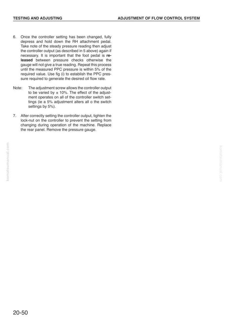 Pode incluir: P&aacute;gina de um manual t&eacute;cnico com os t&iacute;tulos "TESTING AND ADJUSTING" e "ADJUSTMENT OF FLOW CONTROL SYSTEM". O texto descreve os passos para ajustar a sa&iacute;da de um controlador, incluindo medi&ccedil;&otilde;es de press&atilde;o e o aperto de uma porca de seguran&ccedil;a.