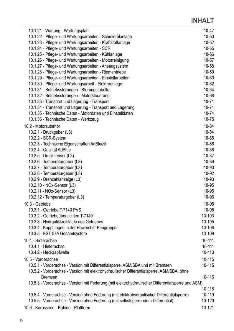 May include: A detailed table of contents in German, with numbered sections and page references. The document covers topics like maintenance, engine components, and vehicle systems. The text is in black font on a white background.