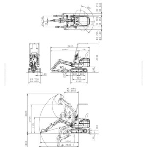 May include: A detailed technical drawing of a variable gauge type excavator, labeled "General Assembly Drawing." The diagram includes multiple views with dimensions in millimeters and angles, showcasing the machine's design and operational parameters.