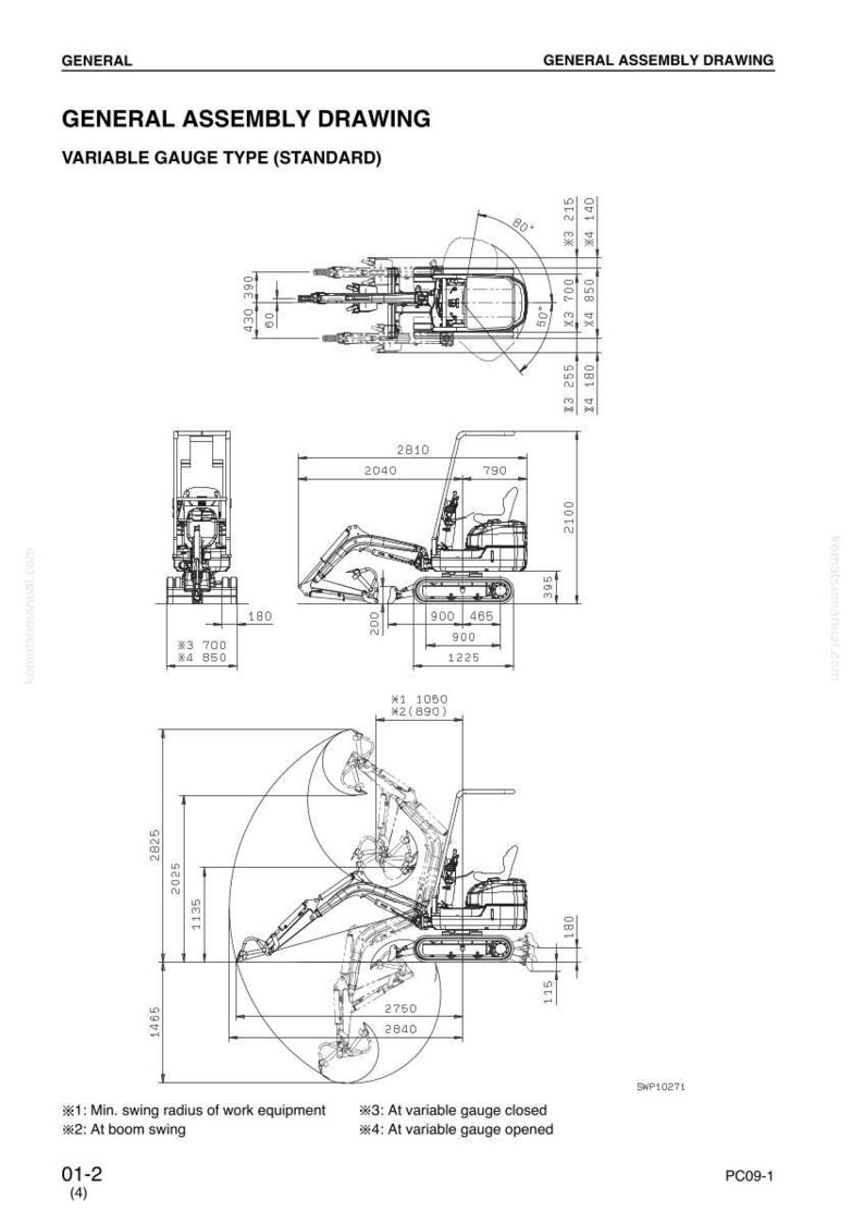 May include: A detailed technical drawing of a variable gauge type excavator, labeled "General Assembly Drawing." The diagram includes multiple views with dimensions in millimeters and angles, showcasing the machine's design and operational parameters.