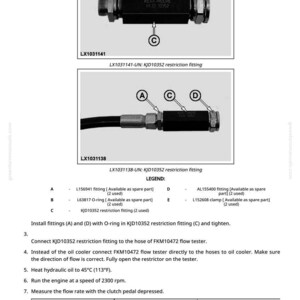 May include: Diagram of automotive parts, including fittings and an O-ring, with labels A, B, C, D, and E. The text includes part numbers and instructions for installation and testing. The image also shows a flow rate measurement of 54 liters per minute.