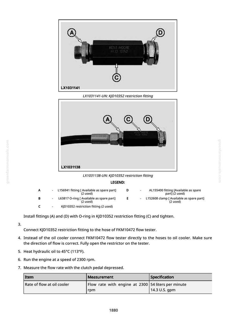 May include: Diagram of automotive parts, including fittings and an O-ring, with labels A, B, C, D, and E. The text includes part numbers and instructions for installation and testing. The image also shows a flow rate measurement of 54 liters per minute.