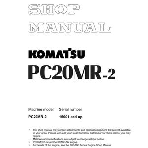 May include: A white shop manual with the text "SHOP MANUAL" at the top. The Komatsu logo is displayed below, followed by "PC20MR-2". The machine model and serial number are listed below the title.
