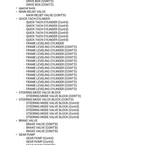 May include: A detailed list of mechanical components, including Drive Box, Quick Tach Cylinder, Frame Leveling Cylinder, Steering Mode Valve Block, Brake Valve, and Gear Pump. The text is in black against a white background.