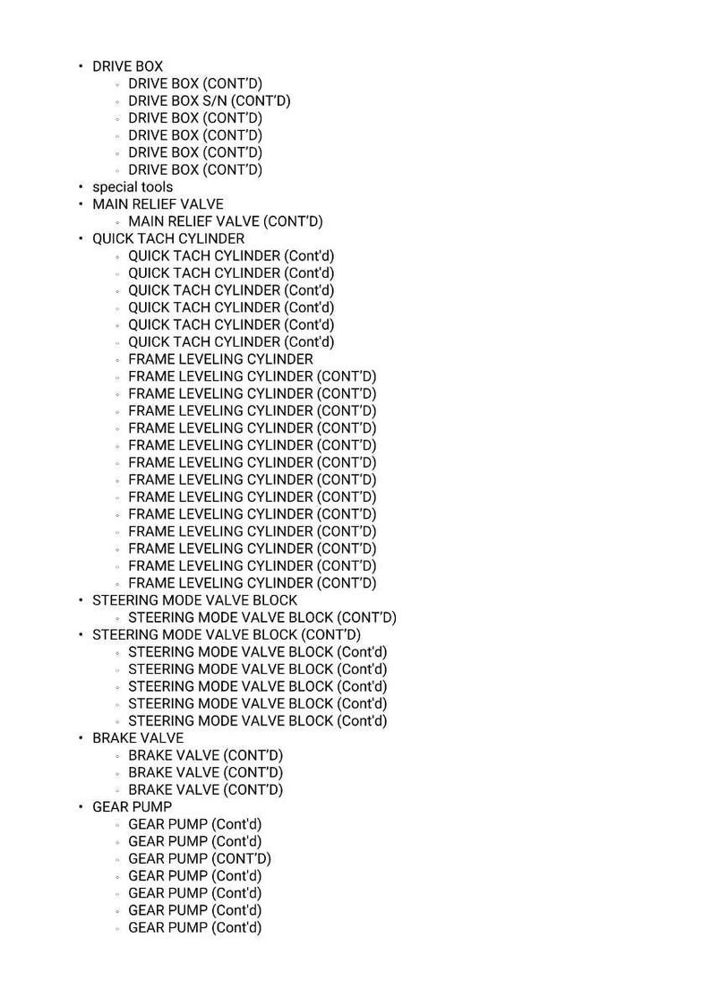 May include: A detailed list of mechanical components, including Drive Box, Quick Tach Cylinder, Frame Leveling Cylinder, Steering Mode Valve Block, Brake Valve, and Gear Pump. The text is in black against a white background.