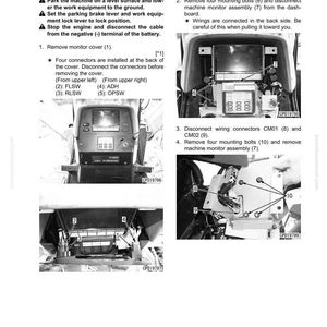 K&ouml;nnte beinhalten: Diagramm zum Aus- und Einbau der Maschinenmonitorbaugruppe. Enth&auml;lt Schritte zum Trennen von Steckern, Entfernen von Schrauben und Trennen der Verkabelung. Text enth&auml;lt Anweisungen und Teilenummern.