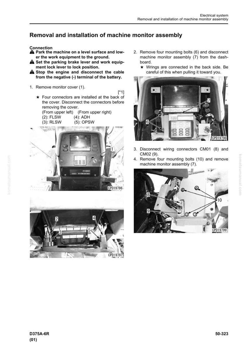 K&ouml;nnte beinhalten: Diagramm zum Aus- und Einbau der Maschinenmonitorbaugruppe. Enth&auml;lt Schritte zum Trennen von Steckern, Entfernen von Schrauben und Trennen der Verkabelung. Text enth&auml;lt Anweisungen und Teilenummern.