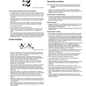 May include: A safety manual for lawn mowers, highlighting dangers like rotating blades and the need to protect children. It provides guidance on safe operation, particularly on slopes, and stresses the importance of caution.