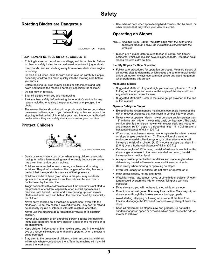 May include: A safety manual for lawn mowers, highlighting dangers like rotating blades and the need to protect children. It provides guidance on safe operation, particularly on slopes, and stresses the importance of caution.