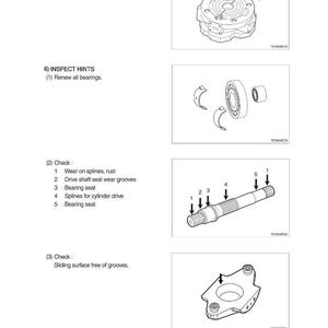 May include: Technical diagram with exploded views of mechanical components. Includes illustrations of bearings, a shaft with numbered points, and other machine parts. Text indicates inspection and disassembly instructions.
