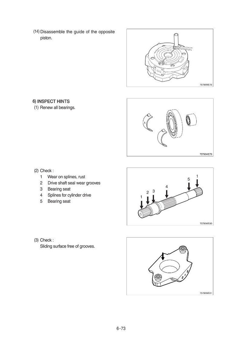 May include: Technical diagram with exploded views of mechanical components. Includes illustrations of bearings, a shaft with numbered points, and other machine parts. Text indicates inspection and disassembly instructions.