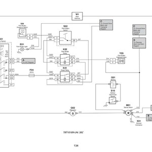 May include: A detailed electrical schematic diagram with various components labeled. The diagram includes symbols for switches, relays, and a motor, with text labels such as "Ignition Switch" and "Park Brake Pressure Switch". The diagram is in black and white.