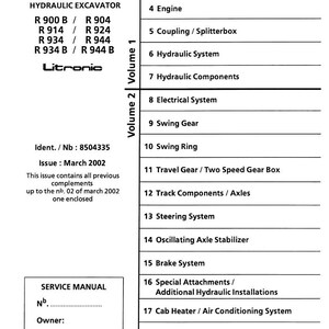 May include: A service manual for a Liebherr hydraulic excavator, featuring a table of contents with sections on engine, hydraulic systems, and electrical systems. The manual is labeled Volume 1 and Volume 2.