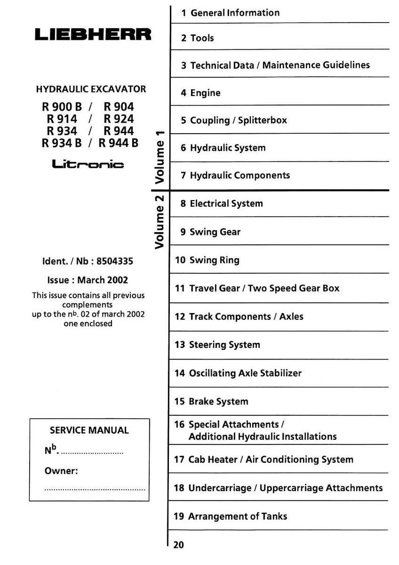 May include: A service manual for a Liebherr hydraulic excavator, featuring a table of contents with sections on engine, hydraulic systems, and electrical systems. The manual is labeled Volume 1 and Volume 2.