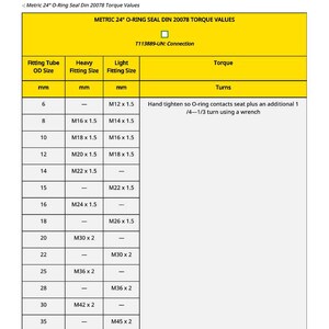 Pu&ograve; includere: Un documento tecnico intitolato "Raccomandazioni per la manutenzione della guarnizione ad anello torico metrica 24&deg; DIN 20078". Il documento include una tabella con le dimensioni dei tubi di raccordo in mm, le dimensioni dei raccordi pesanti e leggeri e i valori di coppia. &Egrave; visibile anche il testo "T113889-UN: Connection".