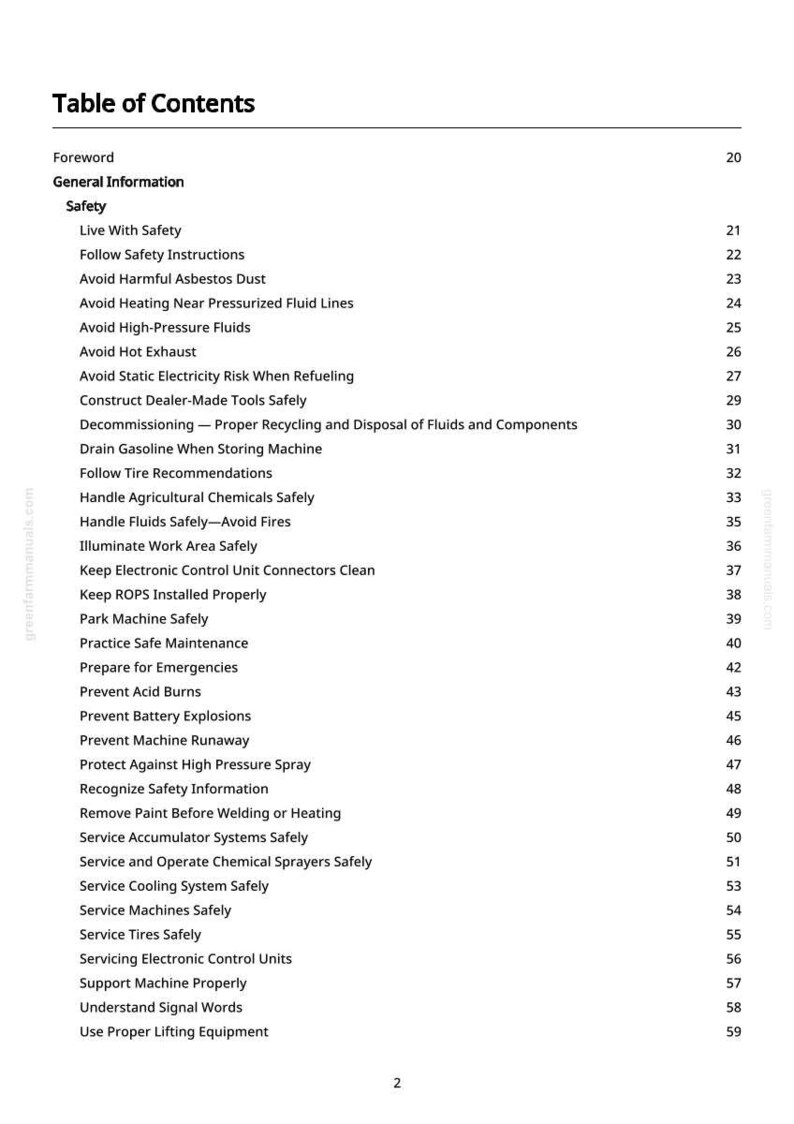 May include: A white page titled "Table of Contents" with a list of safety topics. Topics include "Live With Safety", "Avoid Harmful Asbestos Dust", and "Prevent Battery Explosions". The page number "2" is at the bottom.