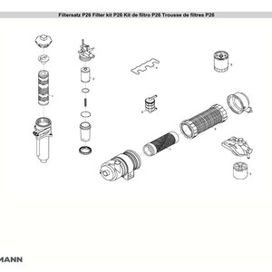 Puede incluir: Un diagrama expl&iacute;cito de un kit de filtro P26, con varios componentes, incluyendo filtros cil&iacute;ndricos, tapas y piezas de conexi&oacute;n. La imagen est&aacute; etiquetada con el texto "Filtersatz P26 Filter kit P26 Kit de filtro P26 Trousse de filtres P26".