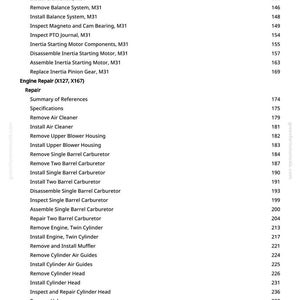 K&ouml;nnte beinhalten: Eine Seite aus einem Handbuch mit einer Liste von Motorreparaturverfahren, einschlie&szlig;lich des Aus- und Einbaus von Komponenten wie Vergasern und Ventilen. Der Text ist in schwarzer Schrift auf wei&szlig;em Hintergrund.