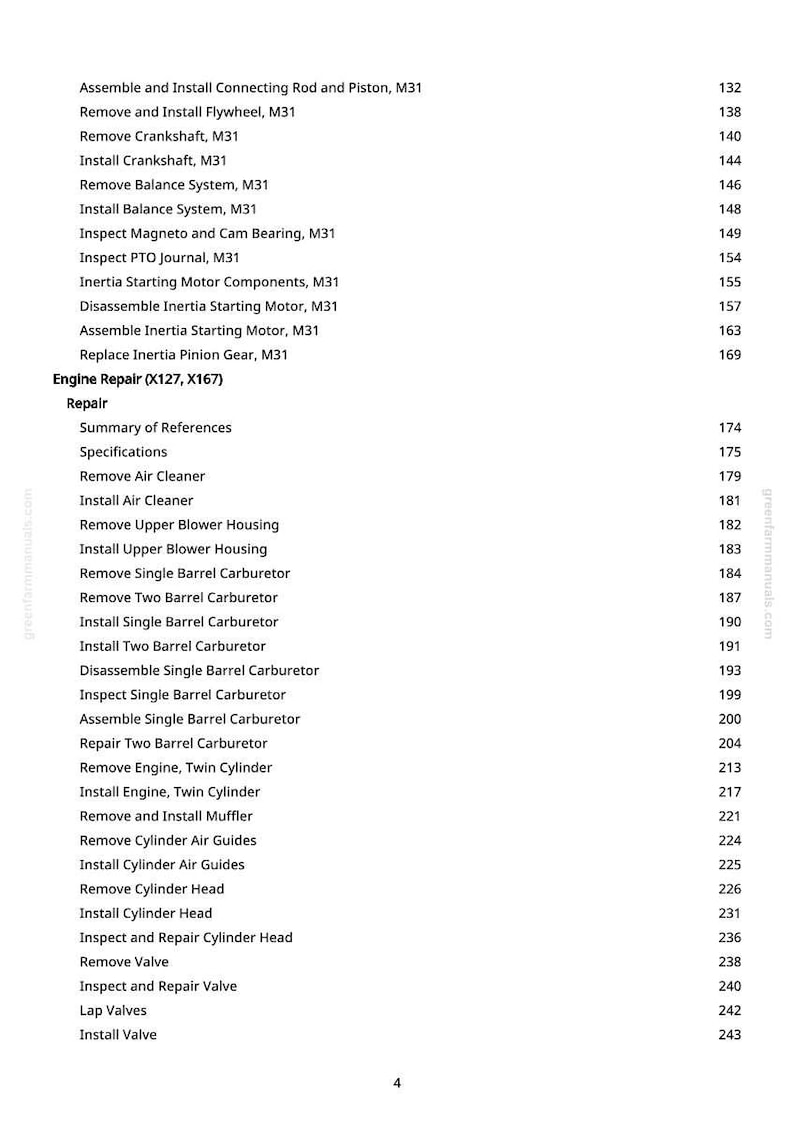 K&ouml;nnte beinhalten: Eine Seite aus einem Handbuch mit einer Liste von Motorreparaturverfahren, einschlie&szlig;lich des Aus- und Einbaus von Komponenten wie Vergasern und Ventilen. Der Text ist in schwarzer Schrift auf wei&szlig;em Hintergrund.
