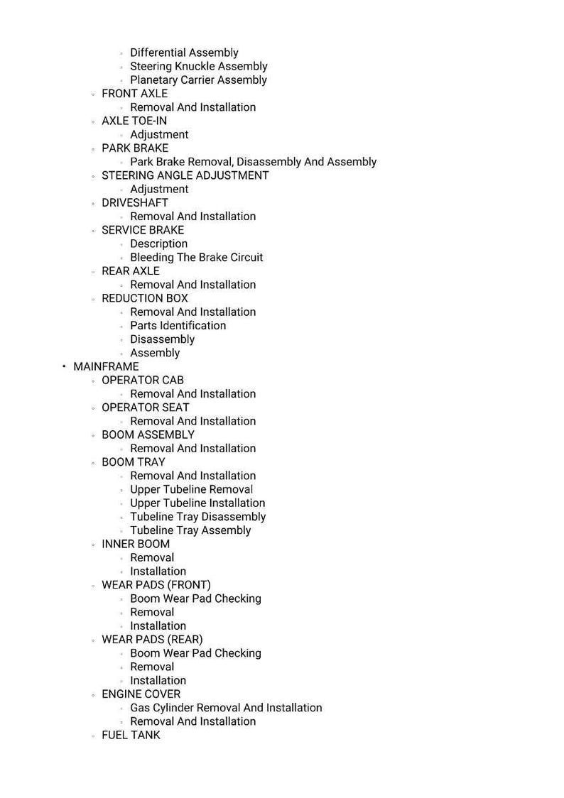 May include: A detailed list of mechanical procedures and components, such as "Differential Assembly," "Front Axle Removal," and "Service Brake Description." The text is in a sans-serif font on a white background, possibly a technical manual.