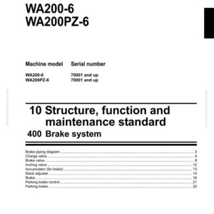 May include: Shop manual for a wheel loader, model WA200-6 and WA200PZ-6. The manual includes information on the brake system, with sections on brake piping, valves, and accumulators. The Komatsu manual is white with black text.