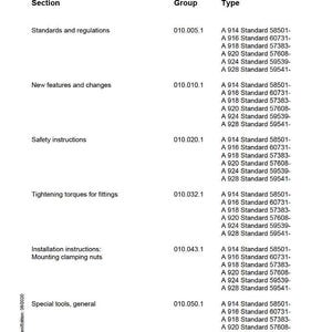 May include: A page from a service manual titled "SUBGROUP - INDEX." The document lists sections like "Standards and regulations" and "New features and changes," with corresponding group numbers and type codes. The Liebherr logo is at the bottom.