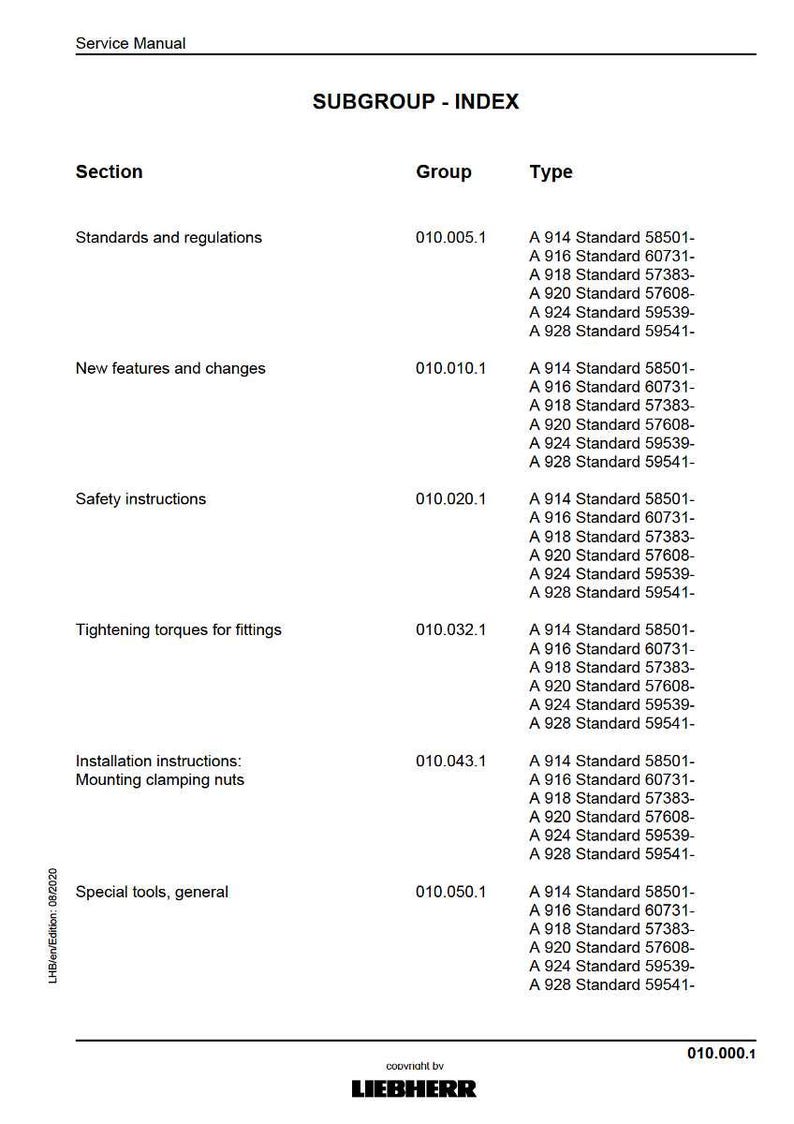 May include: A page from a service manual titled "SUBGROUP - INDEX." The document lists sections like "Standards and regulations" and "New features and changes," with corresponding group numbers and type codes. The Liebherr logo is at the bottom.