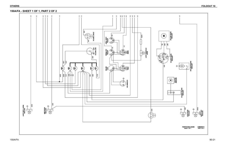 Puede incluir: Un diagrama esquem&aacute;tico en blanco y negro que muestra componentes el&eacute;ctricos y cableado. El diagrama incluye etiquetas de texto y s&iacute;mbolos, con el t&iacute;tulo "150A/FA - SHEET 1 OF 1, PART 2 OF 2". El diagrama est&aacute; sobre un fondo blanco, con el texto "FOLDOUT 10".