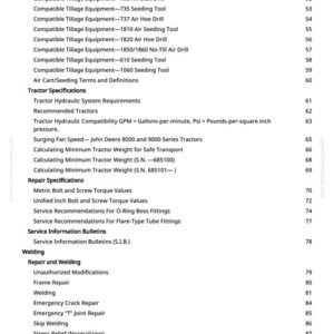 May include: A white document page with a table of contents for a manual. The text includes titles such as "Tire Inflation Pressures", "Tillage Compatibility Guide", and "Tractor Specifications". The page number is visible.