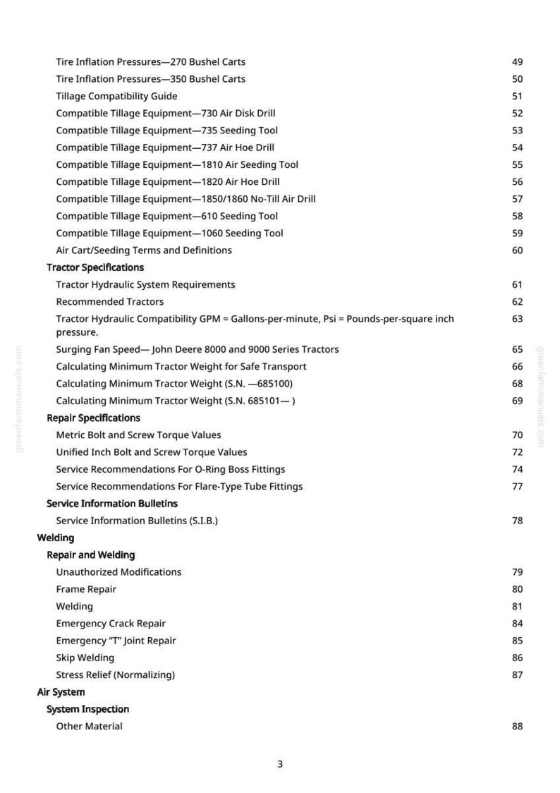 May include: A white document page with a table of contents for a manual. The text includes titles such as "Tire Inflation Pressures", "Tillage Compatibility Guide", and "Tractor Specifications". The page number is visible.