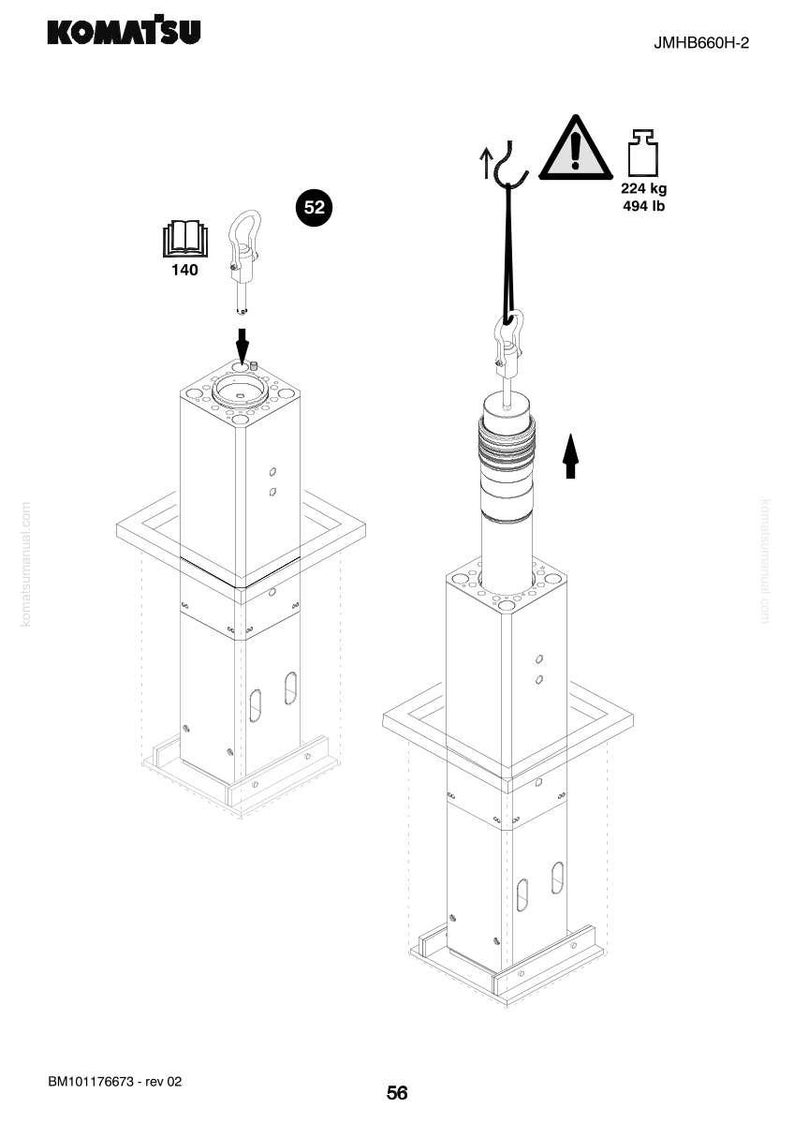 May include: Diagram of a Komatsu machine component. The image shows two rectangular structures with a lifting mechanism. The diagram includes weight specifications: 224 kg (494 lb). The Komatsu logo and model number are visible.