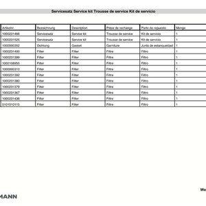 Pu&ograve; includere: Un elenco dettagliato di parti intitolato "Servicesatz Service kit" in inglese, francese e spagnolo. La tabella include numeri di parte, descrizioni come "Filtro" e "Guarnizione" e quantit&agrave;. Il logo Weidemann &egrave; in basso.