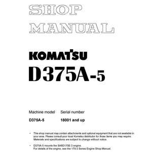 Pu&ograve; includere: Un manuale di officina bianco con il testo "SHOP MANUAL" in alto. Il logo Komatsu &egrave; visualizzato sotto, seguito da "D375A-5" in grassetto. Il documento include informazioni sul modello della macchina e sul numero di serie.