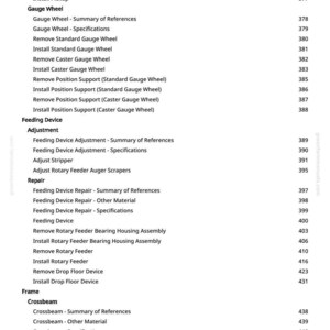 Op de afbeelding: Een pagina uit een technisch handboek met een inhoudsopgave van mechanische procedures. Termen als "Meetwiel" en "Voedingsapparaat" worden vermeld, samen met de bijbehorende paginanummers.