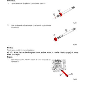 May include: Diagram of automotive parts with French text. Illustrations show shafts, bearings, and other components. The text describes the removal and installation procedures for the parts.