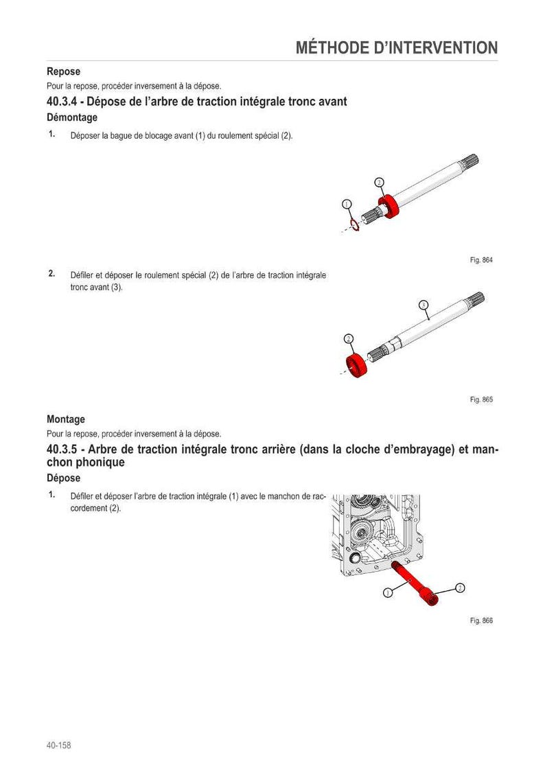 May include: Diagram of automotive parts with French text. Illustrations show shafts, bearings, and other components. The text describes the removal and installation procedures for the parts.