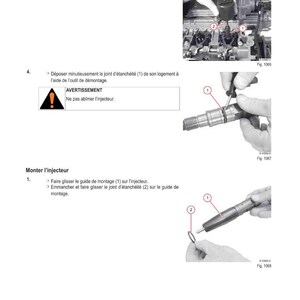 May include: Diagram of automotive repair steps, including text in French. The image shows close-up views of tools and components, with numbered labels and arrows indicating assembly and disassembly procedures. The text includes warnings.