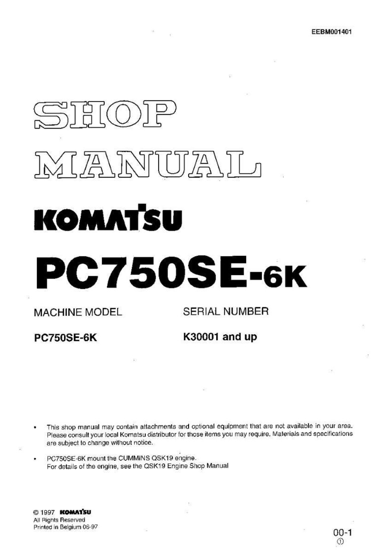 Op de afbeelding: Een witte werkplaatshandleiding met de tekst "SHOP MANUAL" en "KOMATSU PC750SE-6K" in zwarte letters. Het machinemodel is PC750SE-6K, en het serienummer is K30001 en hoger. Gedrukt in Belgi&euml;.