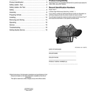 Puede incluir: P&aacute;gina de manual con los t&iacute;tulos "Contenido" e "Identificaci&oacute;n del producto". Incluye un diagrama de una pieza mec&aacute;nica, junto con secciones sobre seguridad, montaje y soluci&oacute;n de problemas. El manual es para el sistema Power Flow&trade;.
