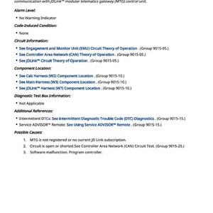 May include: A technical document titled "002251.09 - SAR Communication Fault." The document details a CAN communication error, listing alarm levels, code-induced conditions, circuit information, component locations, and possible causes. Includes references to diagnostic tests.